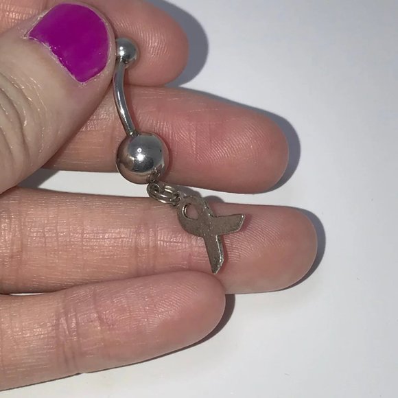 Hot Pink Awareness Ribbon Dangle Belly Ring - Picture 6 of 10